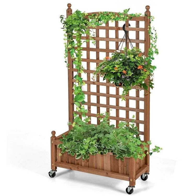 Outdoor Solid Wood Raised Garden Bed Mobile Planter Box with Trellis on Wheels-2