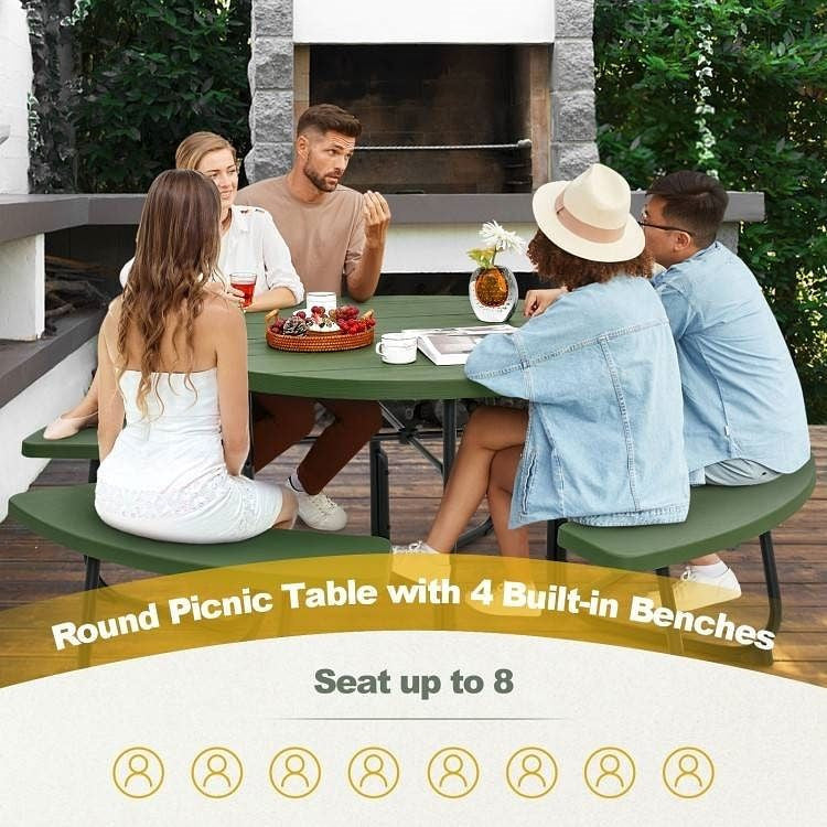 Green All Weather 8 Seater Picnic Table with Umbrella Hole-0