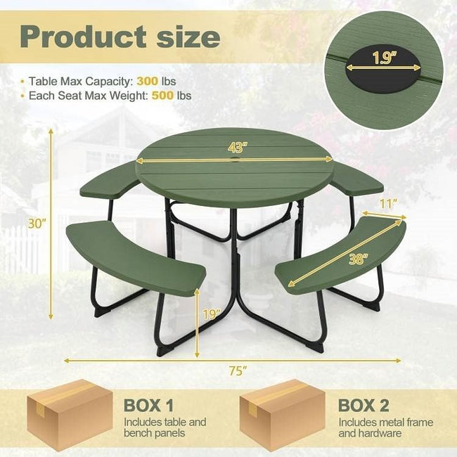 Green All Weather 8 Seater Picnic Table with Umbrella Hole-1