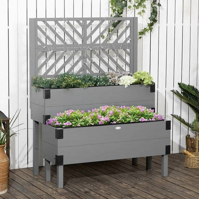 2 Tier Self Draining Grey Wood Raised Garden Bed Planter Box with Trellis-0
