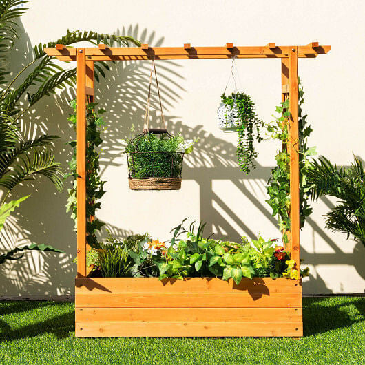 Raised Garden Bed with Trellis or Climbing Plant and Pot Hanging-Natural-1