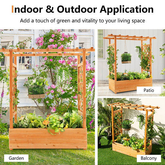 Raised Garden Bed with Trellis or Climbing Plant and Pot Hanging-Natural-3