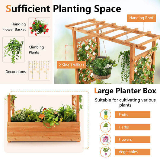 Raised Garden Bed with Trellis or Climbing Plant and Pot Hanging-Natural-2