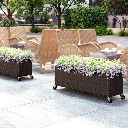 Raised Garden Bed PE Rattan Wicker Patio Planter Box with Wheels and Liner-1