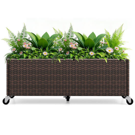 Raised Garden Bed PE Rattan Wicker Patio Planter Box with Wheels and Liner-0