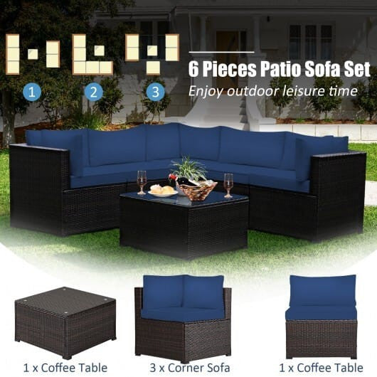 6 Pieces Patio Furniture Sofa Set with Cushions for Outdoor-Navy-0