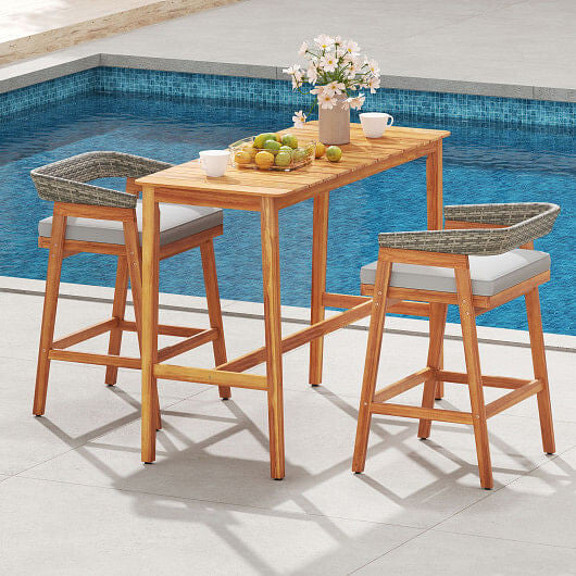 Acacia Wood Counter Height Table with Slatted Tabletop and Footrest Crossbar-0