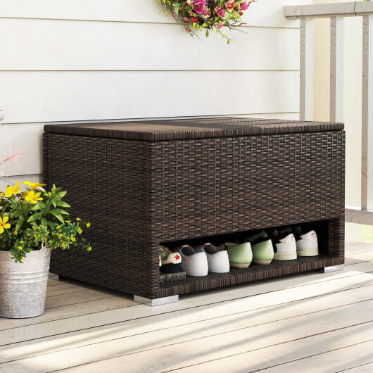PE Rattan Storage Bin with Waterproof Liner for Patio Cushions-0