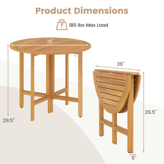 36 Inches Outdoor Folding Round Dining Table with Slatted Tabletop-3