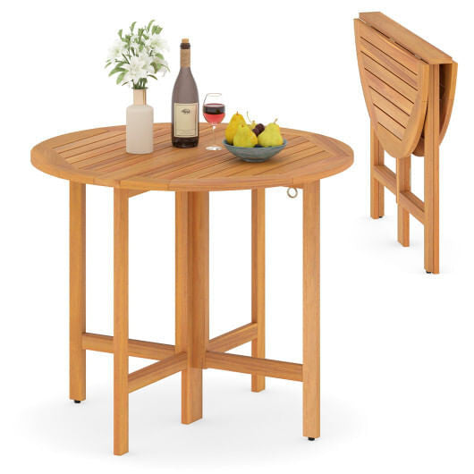 36 Inches Outdoor Folding Round Dining Table with Slatted Tabletop-4