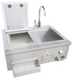 Stainless steel kitchen sink with faucet on a white background