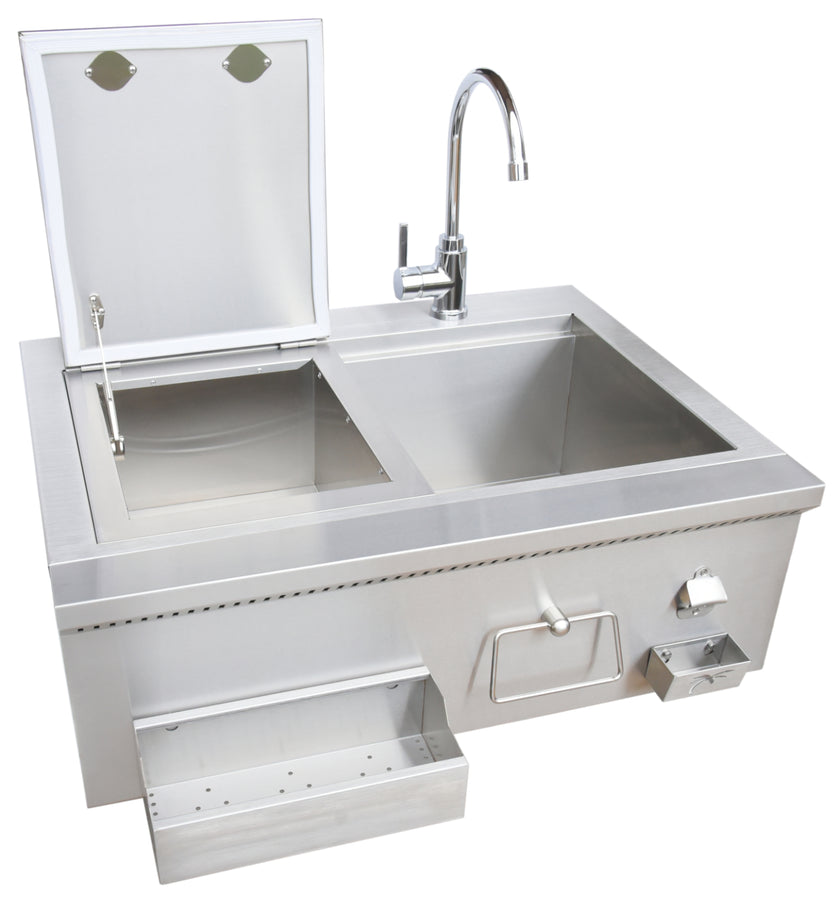 Stainless steel kitchen sink with faucet on a white background