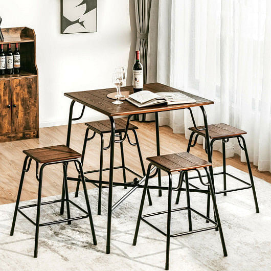 5 Pieces Bar Table Set with 4 Counter Height Backless Stools-Rustic Brown-1