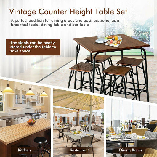 5 Pieces Bar Table Set with 4 Counter Height Backless Stools-Rustic Brown-3