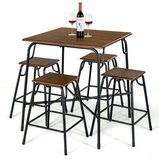 5 Pieces Bar Table Set with 4 Counter Height Backless Stools-Rustic Brown-0