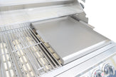 Close-up of a stainless steel grill with a cover open on a white background