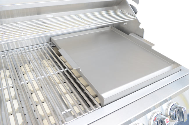 Close-up of a stainless steel grill with a cover open on a white background