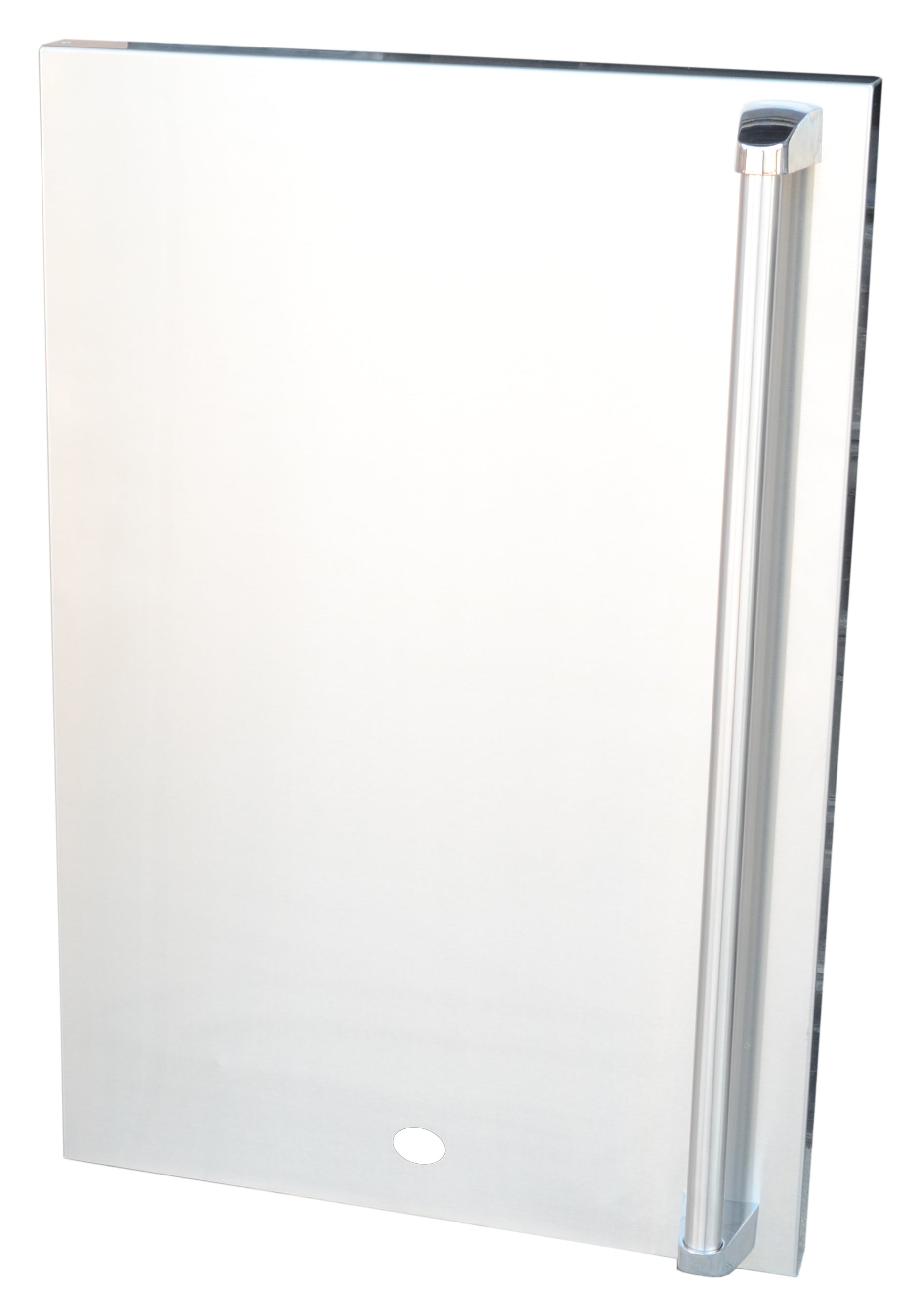 Clear glass shower enclosure with a silver handle on a white background