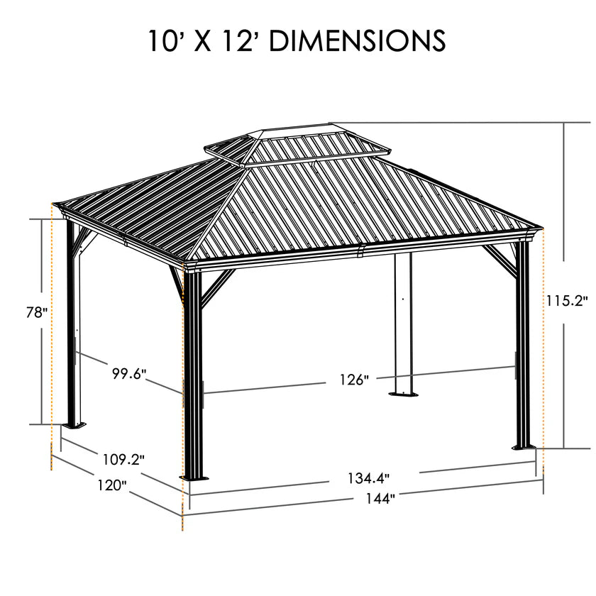 Dimensions of a 10' x 12' gazebo with labeled measurements.