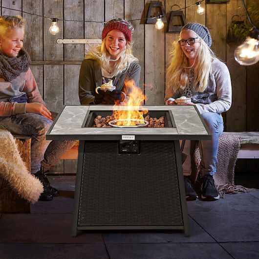 35 Inch Propane Gas Fire Pit Table Wicker Rattan with Lava Rocks PVC Cover-Black-0