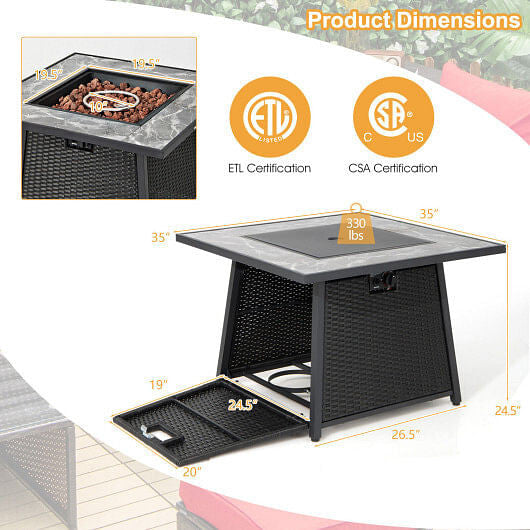 35 Inch Propane Gas Fire Pit Table Wicker Rattan with Lava Rocks PVC Cover-Black-2