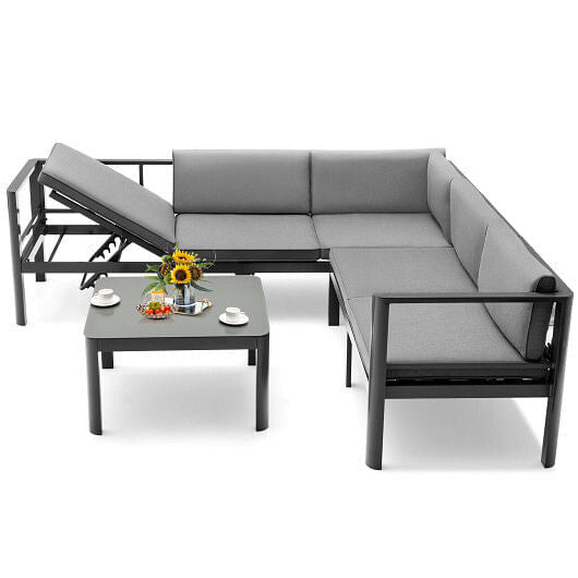 3 Pieces Aluminum Patio Furniture Set with 6-Level Adjustable Backrest-Gray-0