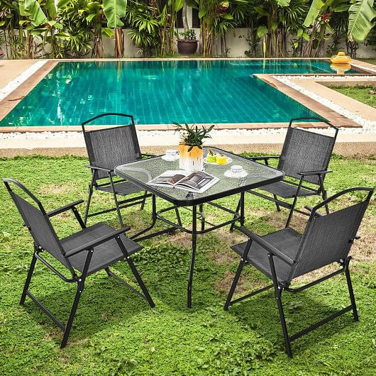 34 Inch Outdoor Dining Table Square Tempered Glass Table with 1.5 Inch Umbrella Hole-Black-3