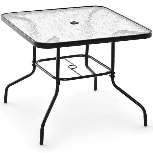 34 Inch Outdoor Dining Table Square Tempered Glass Table with 1.5 Inch Umbrella Hole-Black-4