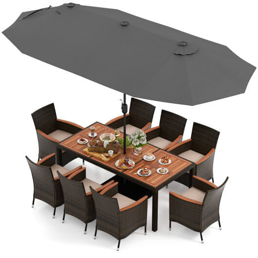 11 Pieces Patio Dining Set with 15 Feet Double-Sided Patio Umbrella and Base-Beige-0
