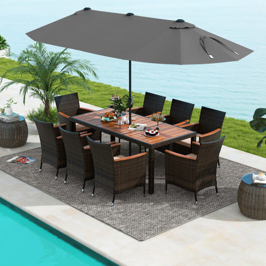 11 Pieces Patio Dining Set with 15 Feet Double-Sided Patio Umbrella and Base-Beige-1