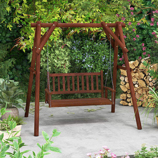 3-Person Wooden Outdoor Porch Swing with 800 lbs Weight Capacity-Brown-0