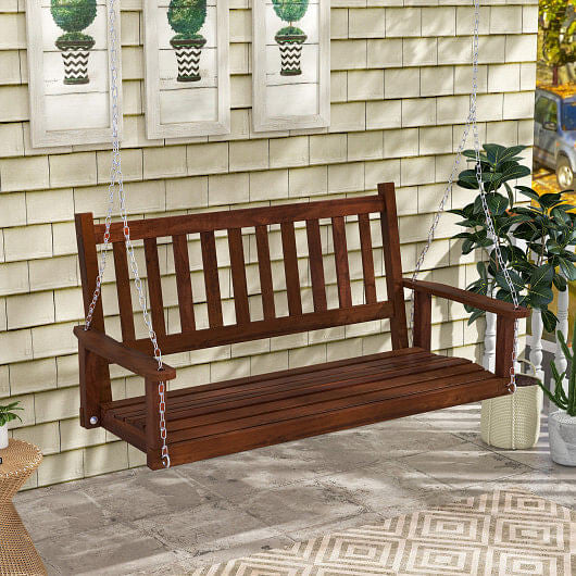 3-Person Wooden Outdoor Porch Swing with 800 lbs Weight Capacity-Brown-1