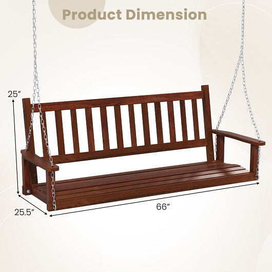3-Person Wooden Outdoor Porch Swing with 800 lbs Weight Capacity-Brown-2