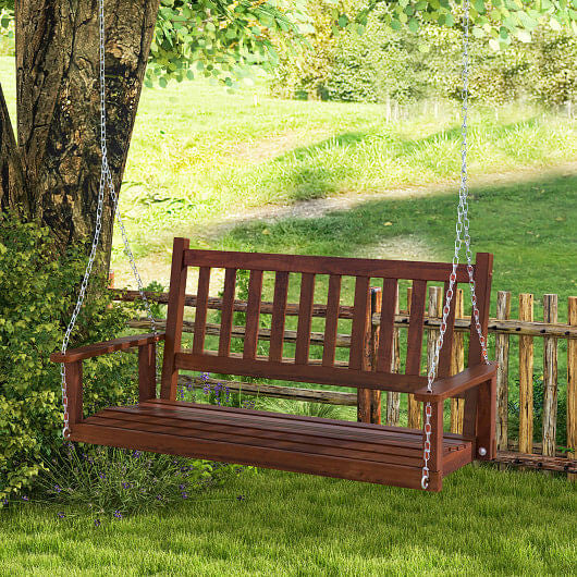 3-Person Wooden Outdoor Porch Swing with 800 lbs Weight Capacity-Brown-3