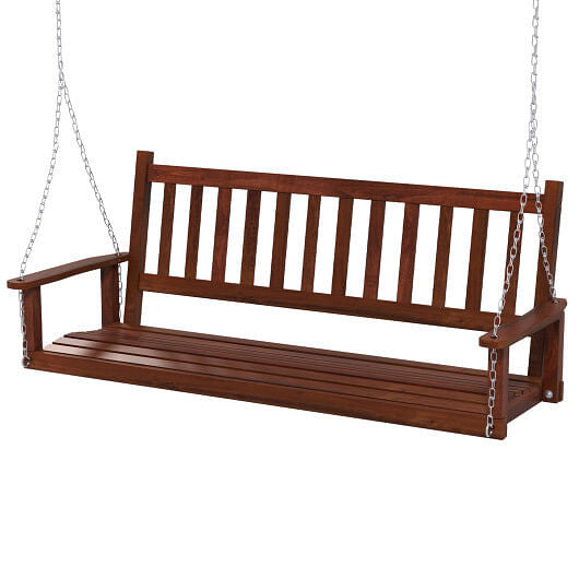 3-Person Wooden Outdoor Porch Swing with 800 lbs Weight Capacity-Brown-9