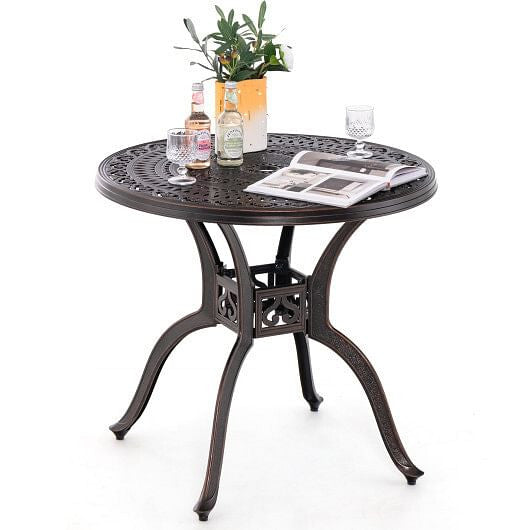31.5 Inch Cast Aluminum Table Patio Round Dining Table with Umbrella Hole-Copper-0