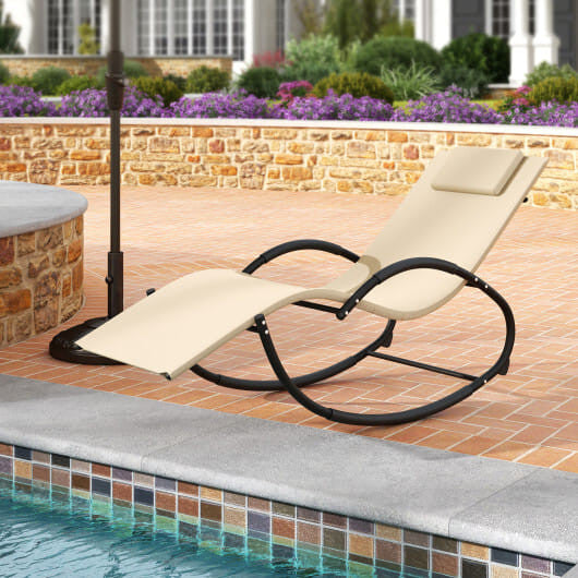 Outdoor Rocking Lounge Chair with Removable Headrest-Beige-1