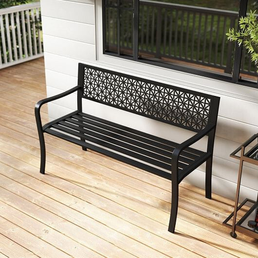 50 Inch Garden Bench with Patterned Backrest and Curved Armrests for 2-3 Person-Black-1
