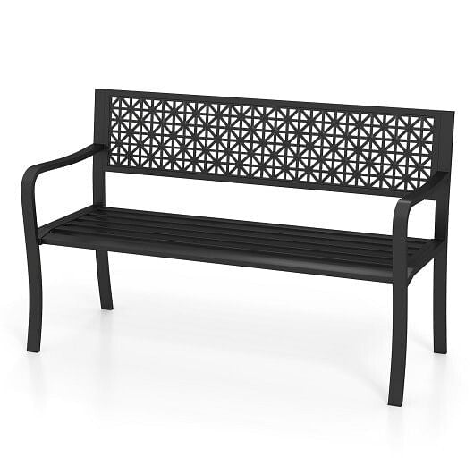 50 Inch Garden Bench with Patterned Backrest and Curved Armrests for 2-3 Person-Black-2
