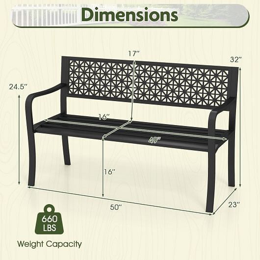 50 Inch Garden Bench with Patterned Backrest and Curved Armrests for 2-3 Person-Black-3