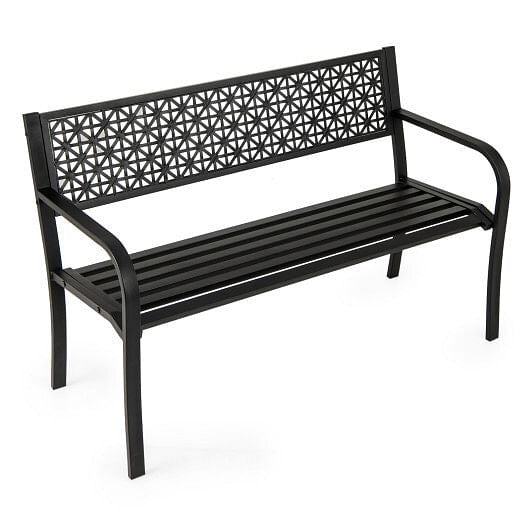 50 Inch Garden Bench with Patterned Backrest and Curved Armrests for 2-3 Person-Black-4