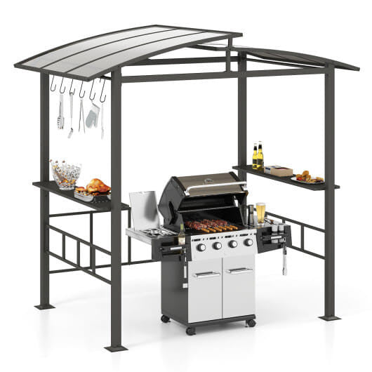 Outdoor grill station with canopy and shelves on a white background