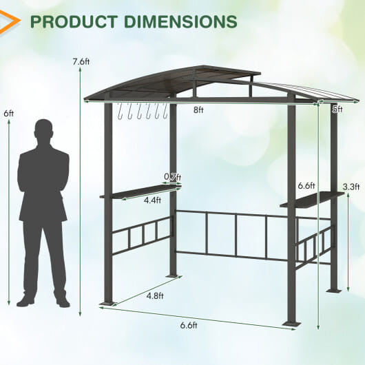 Dimensions of a small gazebo with a silhouette of a person for scale.