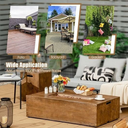 Outdoor furniture and decor with a wooden coffee table, sofa, and various elements on a patio.
