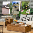 Outdoor furniture and decor with a wooden coffee table, sofa, and various elements on a patio.