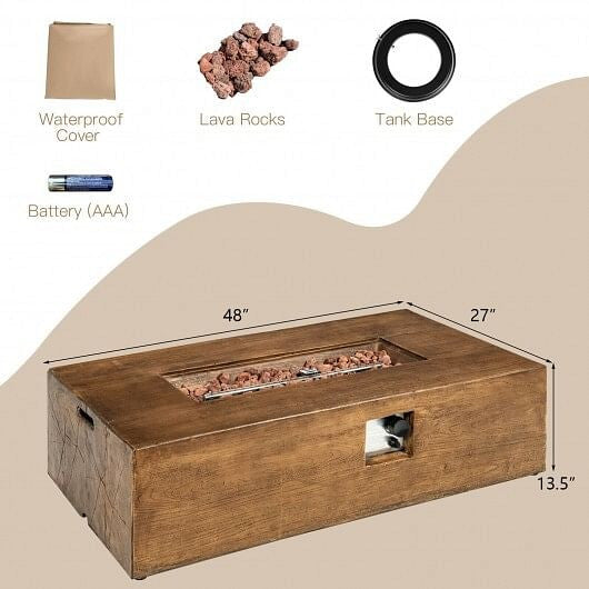 Wooden fire pit table with dimensions, waterproof cover, lava rocks, tank base, and AAA battery on a beige background.