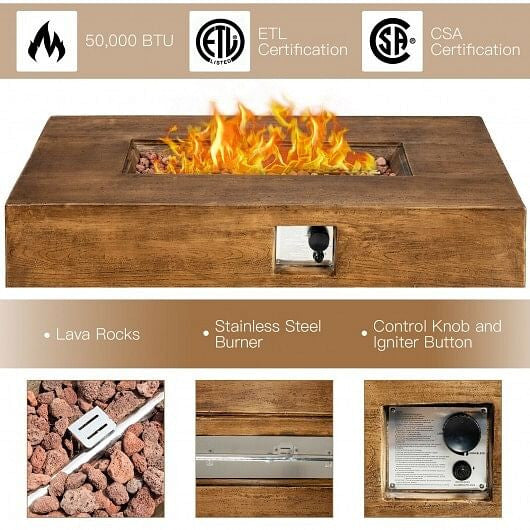 Wooden fire pit table with flames, certification logos, and features listed.
