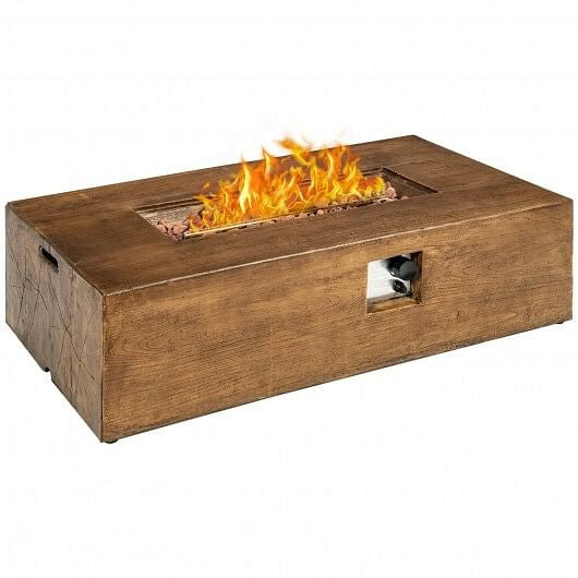 Wooden fire pit table with flames on a white background