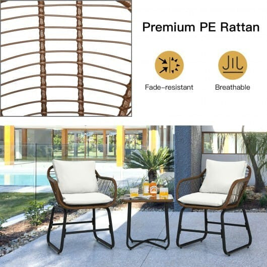 3 Pieces Patio Rattan Bistro Set Cushioned Chair Glass Table Deck-White-0