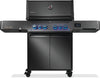 Black gas grill with digital controls on a white background